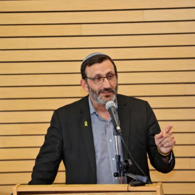 Rabbi Doron Perez, executive chairman of the Mizrachi World Movement, speaks onstage at the University of Haifa’s Ruderman Program for American Jewish Studies annual conference on April 9, 2024.