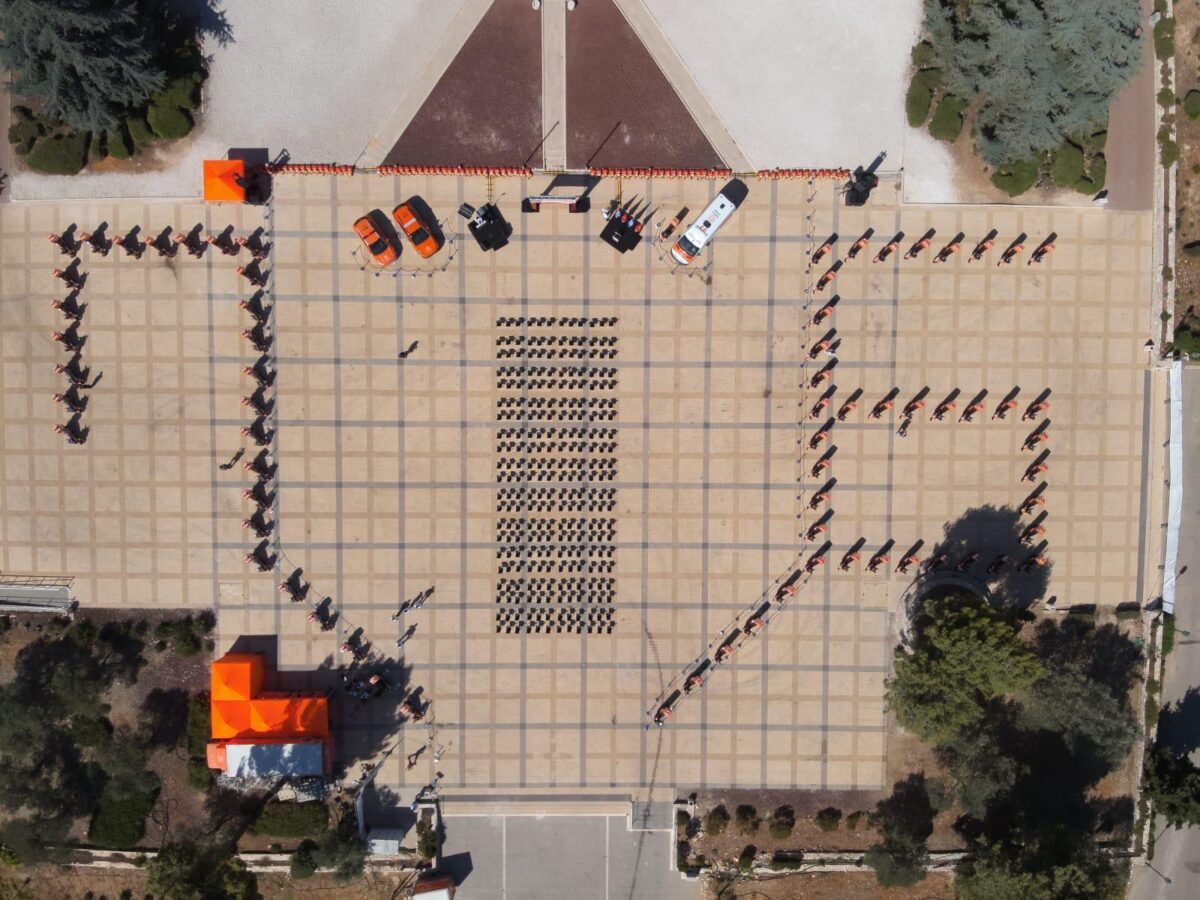 Seventy-six recently donated United Hatzalah emergency vehicles, mostly motorcycles, arranged in the pattern of No. 76 in honor of Israel's 76th anniversary on Mount Herzl in Jerusalem.